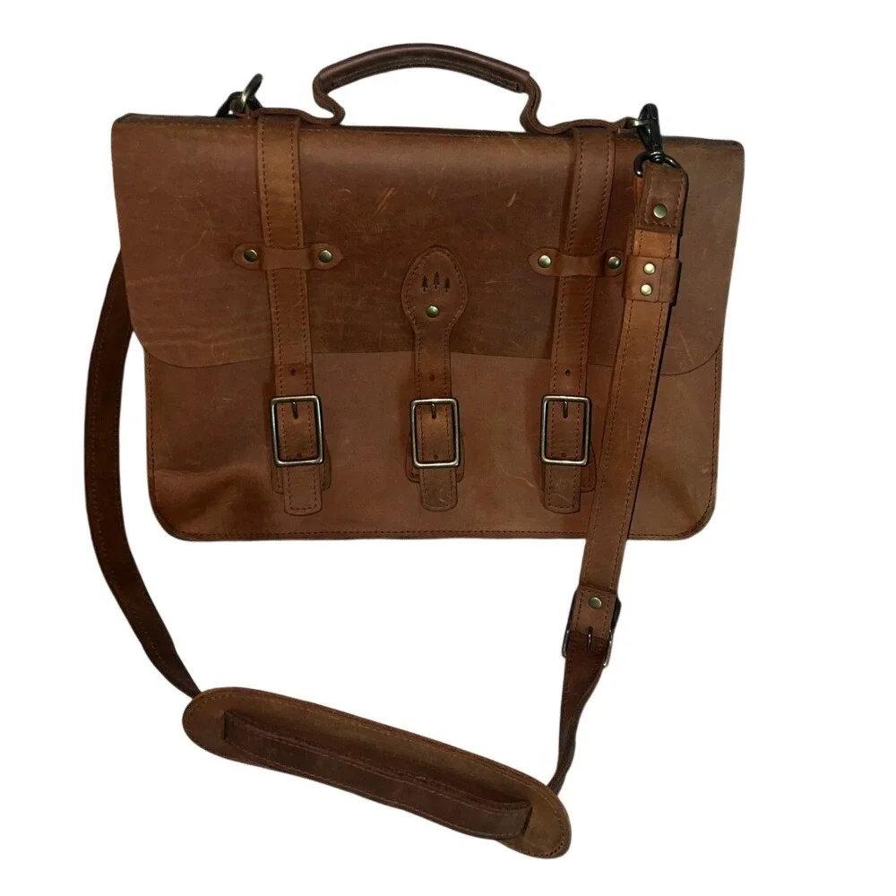 Portland Leather Goods Brown‎ Leather Satchel Briefcase Laptop Messenger Bag